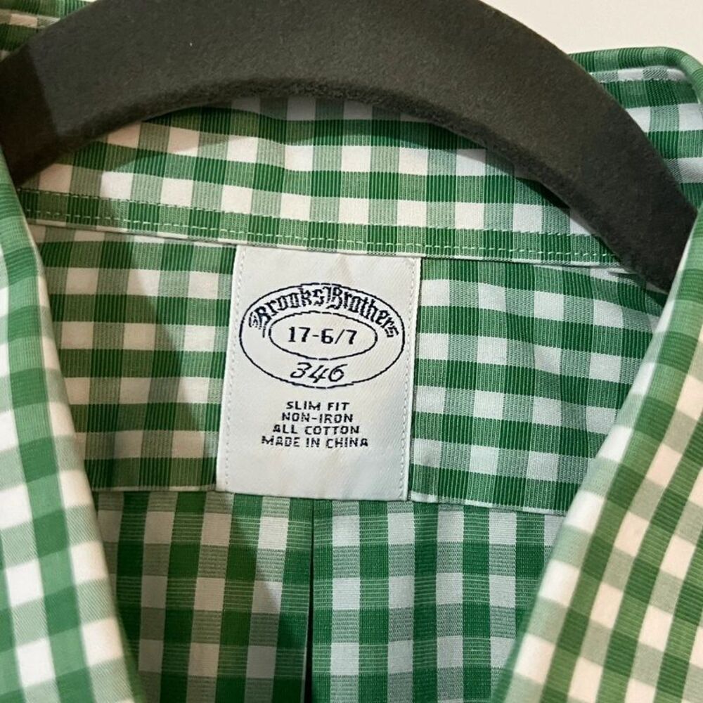 Brooks Brothers 346 Slim Fit Non-Iron Green Gingham Shirt 17-6/7 36/37